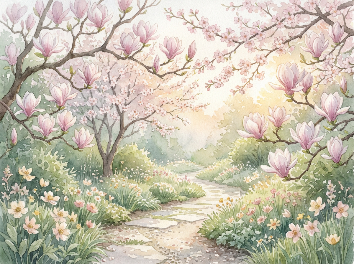 Sunlit garden path at dawn with soft watercolor tones